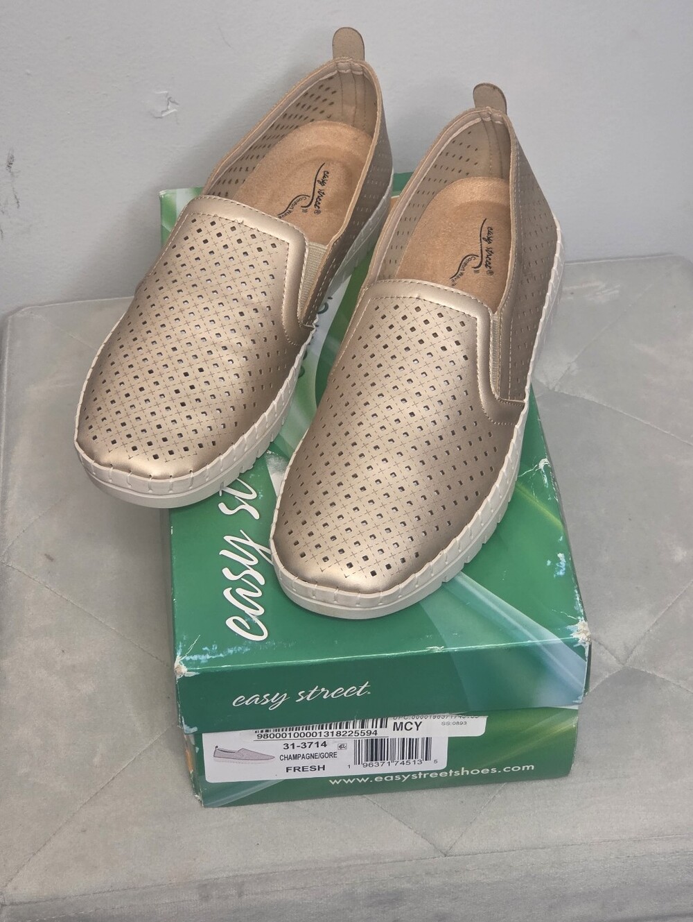 Easy Street Fresh Metallic Champagne Slip-On Perforated Sneakers, Sz 7.5‎ NIB